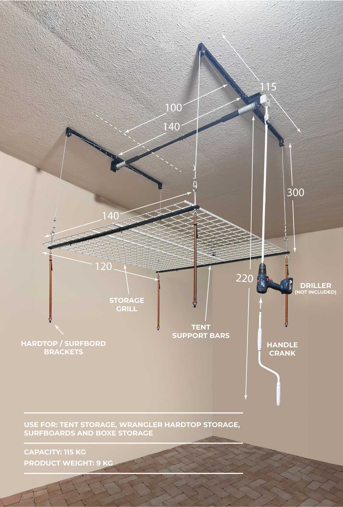 OVERHEAD GARAGE STORAGE RACK, CEILING-MOUNTED PULLEY LIFT SYSTEM
