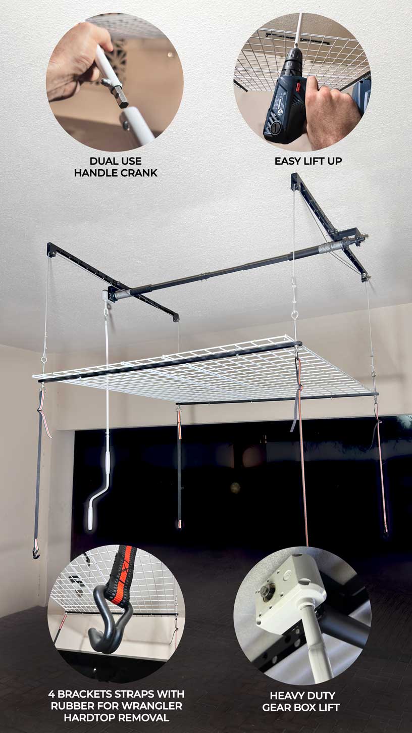 OVERHEAD GARAGE STORAGE RACK, CEILING-MOUNTED PULLEY LIFT SYSTEM