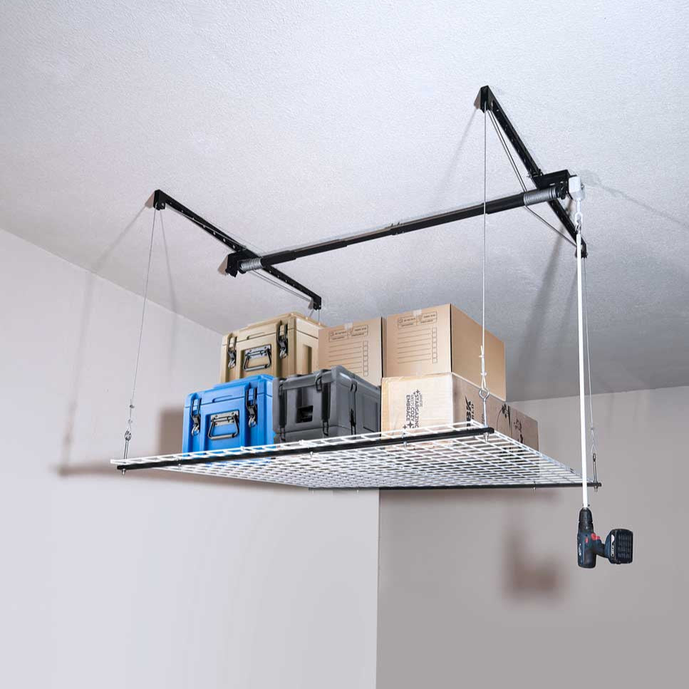 OVERHEAD GARAGE STORAGE RACK, CEILING-MOUNTED PULLEY LIFT SYSTEM