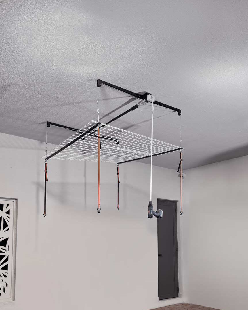 OVERHEAD GARAGE STORAGE RACK, CEILING-MOUNTED PULLEY LIFT SYSTEM