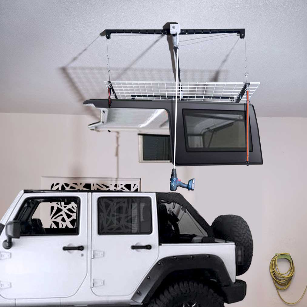 OVERHEAD GARAGE STORAGE RACK, CEILING-MOUNTED PULLEY LIFT SYSTEM