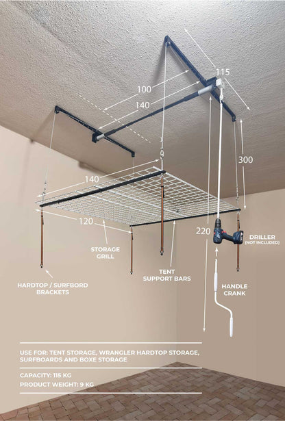 OVERHEAD GARAGE STORAGE RACK, CEILING-MOUNTED PULLEY LIFT SYSTEM
