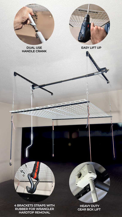 OVERHEAD GARAGE STORAGE RACK, CEILING-MOUNTED PULLEY LIFT SYSTEM
