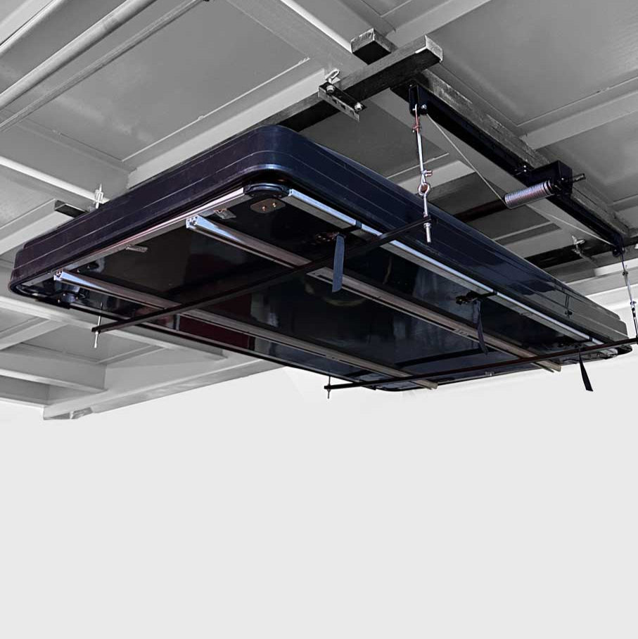 OVERHEAD TENT STORAGE RACK WITH MOUNTED PULLEY LIFT SYSTEM – OBK WORLD