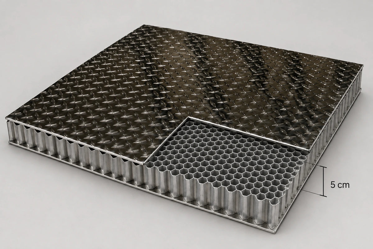 Cutaway view of a 5 cm thick black diamond-plate rooftop tent base with an exposed aluminum honeycomb core.