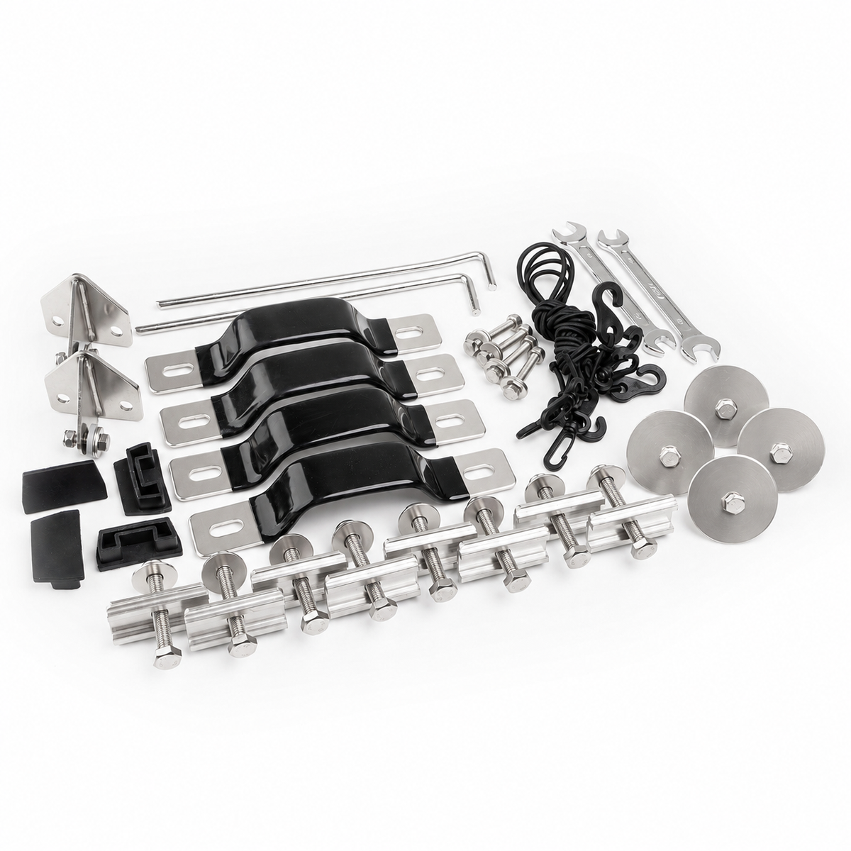 OBK Rooftop tent comes with all essential mounting accessories, including steel brackets, bolts, rail clamps, ropes, tools, and protective rubber parts for a secure and practical installation.