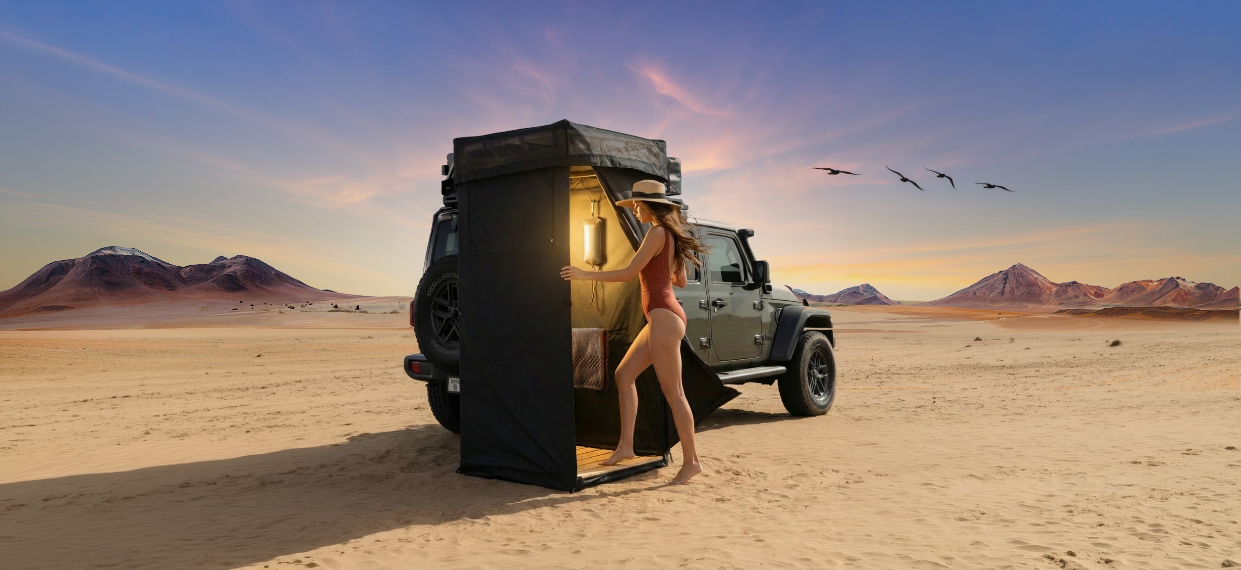 OBK SHOWER TENT - lady camping in desert