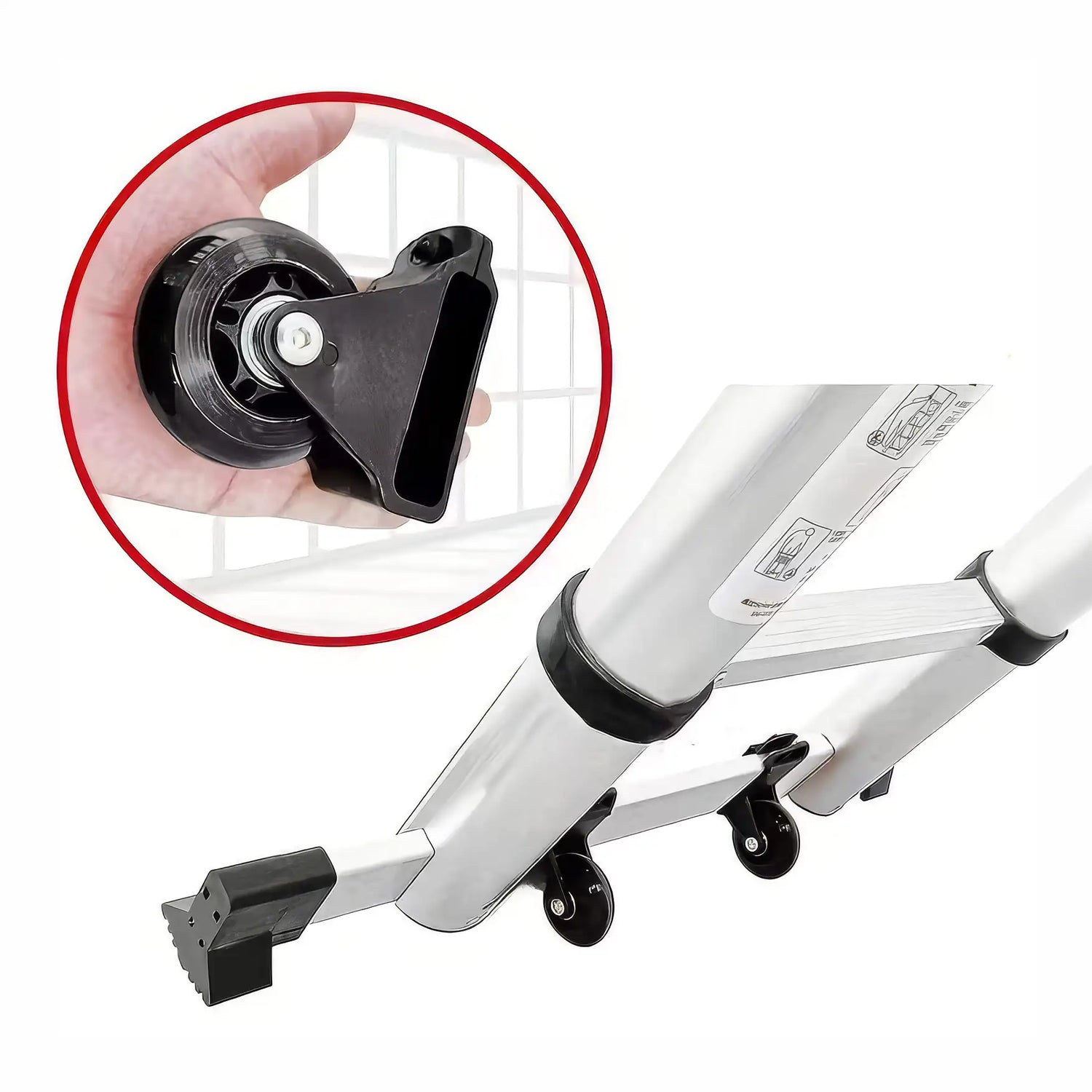 OBK telescopic rooftop tent ladder with integrated wheels and a wide stabilizing base, designed for easier handling, smoother positioning, and improved stability on the ground.