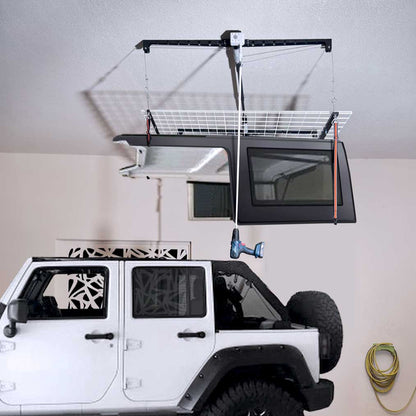 OVERHEAD GARAGE STORAGE RACK, CEILING-MOUNTED PULLEY LIFT SYSTEM
