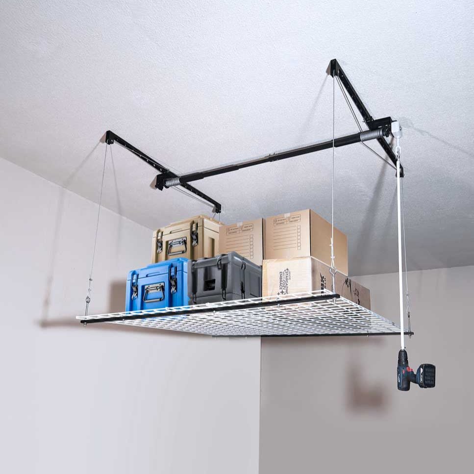 OVERHEAD GARAGE STORAGE RACK, CEILING - MOUNTED PULLEY LIFT SYSTEM - OBK WORLD