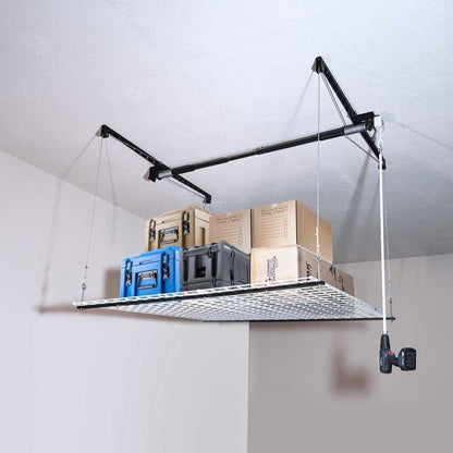 OVERHEAD GARAGE STORAGE RACK, CEILING - MOUNTED PULLEY LIFT SYSTEM - OBK WORLD