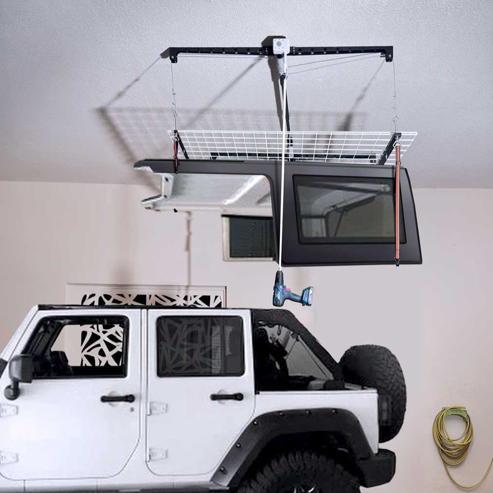 OVERHEAD GARAGE STORAGE RACK, CEILING - MOUNTED PULLEY LIFT SYSTEM - OBK WORLD